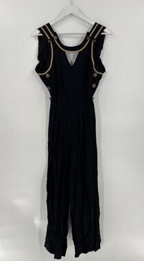 Vintage Cache Sailor Jumpsuit Womens 4 Black Gold Sleeveless Buttons Pockets